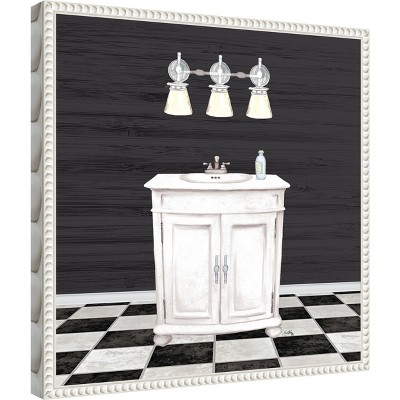 Modern Bathroom I Black and White Canvas Wall Art with White Frame
