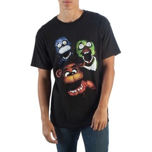 FNAF Film Style Group T-Shirt, Creepy Animatronics Chica Bonnie Freddy Fazbear's Pizza, Black Fitted Tee - 1 of 2