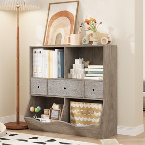 7-Cubby Large Kids Toy Storage Organizer, Children Wood Bookcase and Bookshelf, 3-Tier Toy Storage Cabinet with 3 Drawers for Hallway, Playroom - 1 of 4