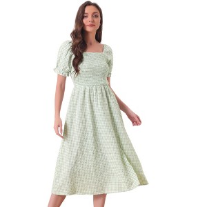 Allegra K Women's Casual Smocked Front Tie Back Checks Gingham Midi Dresses - 1 of 4