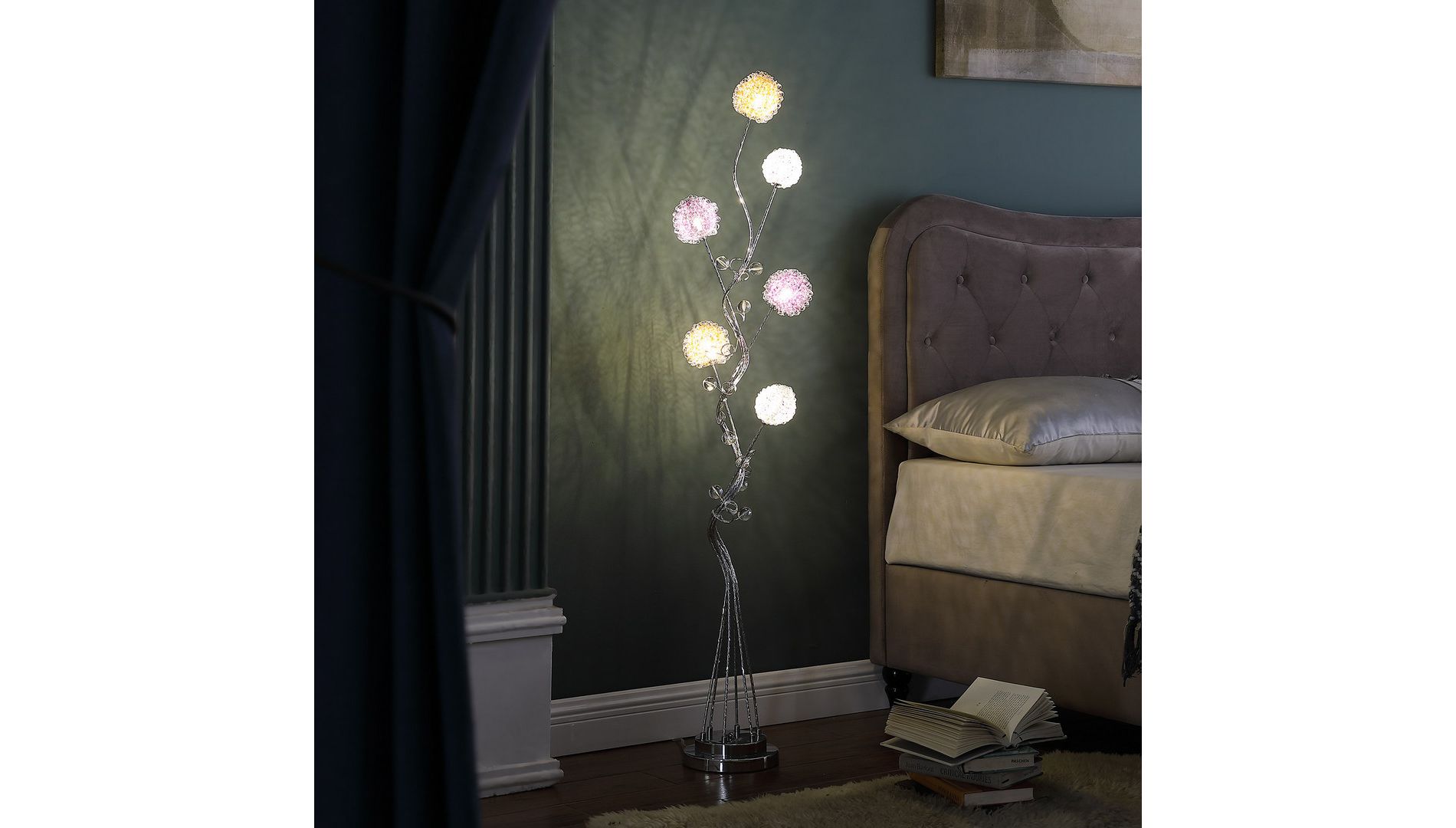 58.5"  6-Light LED Floor Lamp with Color-Changing Aluminum Cage Shades, Step-On Switch, Chrome Finish