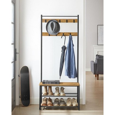 Rustic Brown and Black Hall Tree with Storage Bench
