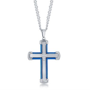Metallo Stainless Steel Blue & Silver CZ Cross Necklace - Silver - 24 Inch - 1 of 3