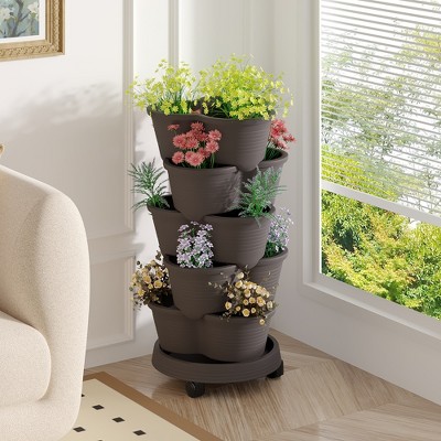 VECELO 5-Tier Vertical Garden Planter, Self Watering Stackable Planter with Wheels for Strawberries, Flowers, Vegetables, Set of 1/2