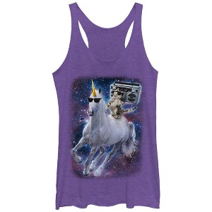 Women's Lost Gods Boombox Cat and Unicorn Space Song Racerback Tank Top - 1 of 3