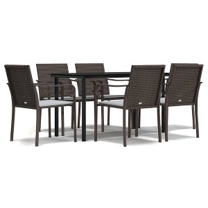vidaXL 7 Piece Patio Dining Set with Cushions Poly Rattan and Steel - Brown 55.1" Table Length 6 Chairs - 1 of 4