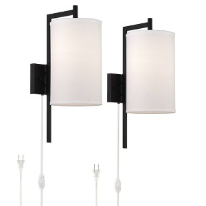Possini Euro Design Bixby Modern Wall Lamps Set of 2 with Smart Sockets Black Plug-In 8" Fixture White Fabric Shades for Bedroom Reading - 1 of 4
