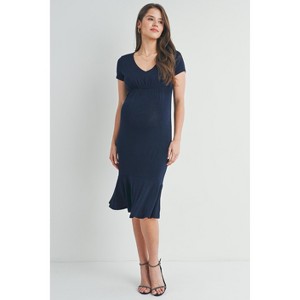 Hello Miz Women's V-Neck Short Sleeve Empire Waist Maternity Midi Dress with Ruffle Hem - Navy - Medium