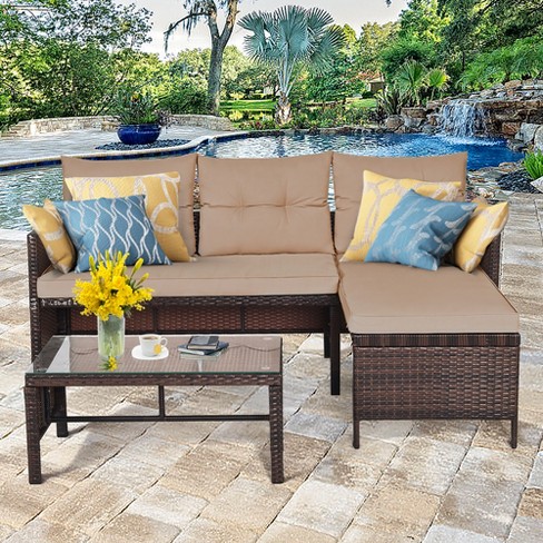 Costway 3pcs Patio Wicker Rattan Sofa, Wicker Outdoor Sofa With Chaise