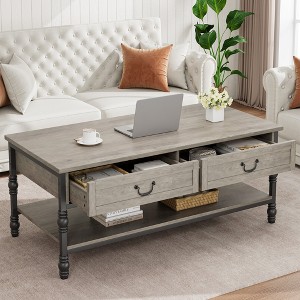 41" Rustic Coffee Table with 2 Storage Drawers, Rectangular Coffee tables w/ Storage Shelf and Metal Legs, Wood Large Coffee Table for Living Room - 1 of 4