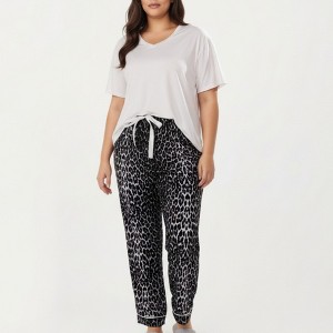 Anna-Kaci Lounge Women's 2-Piece Set V-Neck Short Sleeve Top and Leopard Print Pajama Pants with Soft Stretch Fabric - 1 of 4