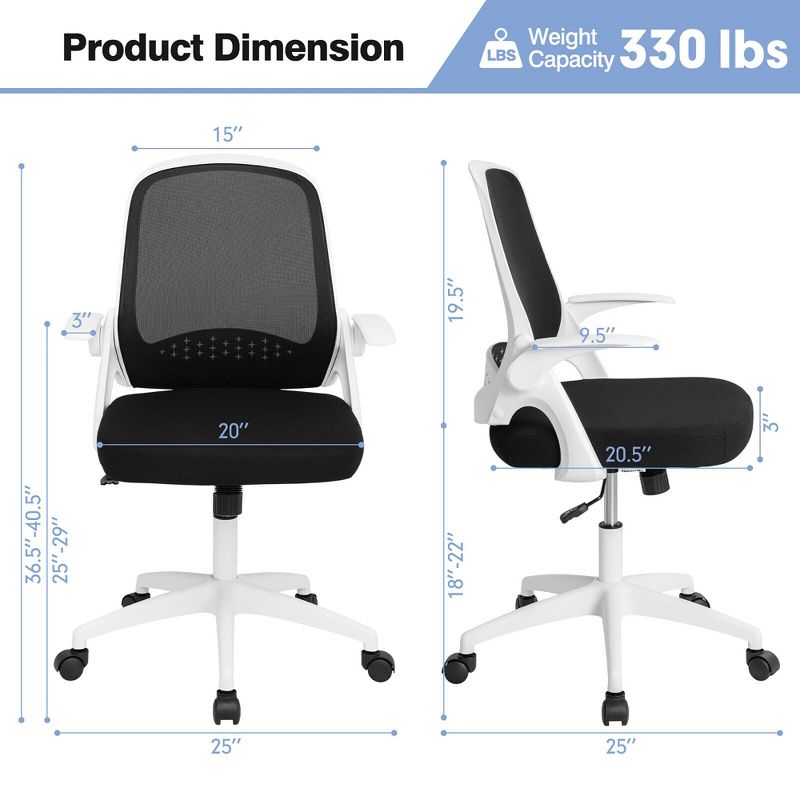 Costway Mesh Office Chair Adjustable Rolling Computer Desk Chair w/Flip-up Armrest White\Black, 4 of 15