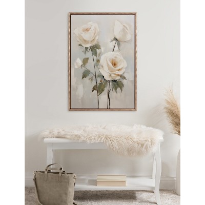 Gold Beaded Frame Soft White Roses Canvas Wall Art 23x33