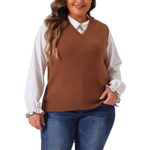 Agnes Orinda Women's Plus Size V Neck Knit Solid Classic Sleeveless Pullover Sweater Vest - 1 of 4