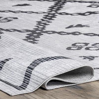 Ivory and Black Synthetic Trellis Washable Round Rug