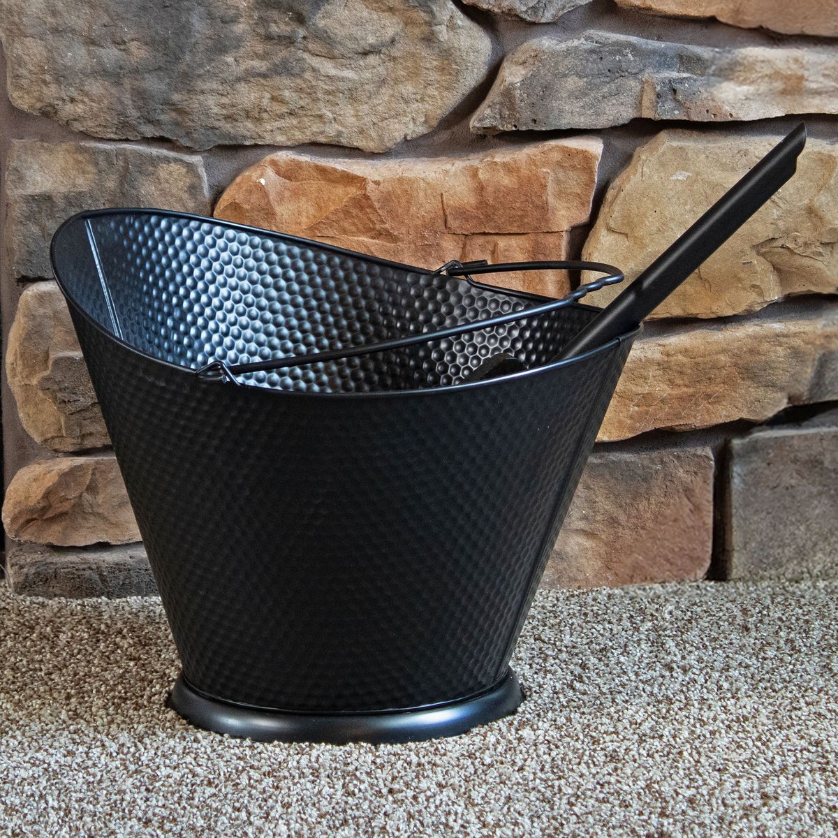 Sunnydaze Indoor/Outdoor 5-Gallon Iron Coal and Ash Bucket with Shovel and Brush - Black - thumbnail 2