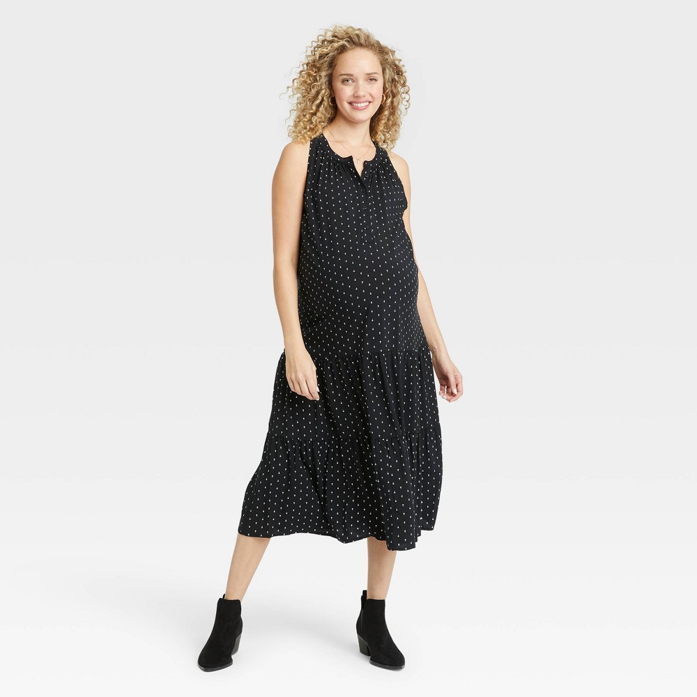 Size XS The Nines by HATCH Sleeveless Henley Placket Tiered Maternity Dress Black Polka Dot 