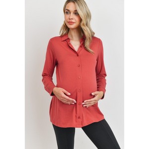 Hello Miz Women's Collared Button Up Long Sleeve Maternity Top - 1 of 4