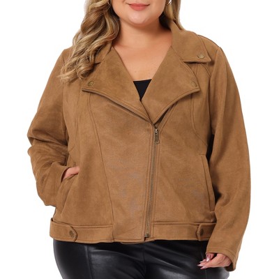 Agnes Orinda Women's Plus Size Faux Suede Lapel Collar Long Sleeve Zipper  Moto Jacket Brown 3X