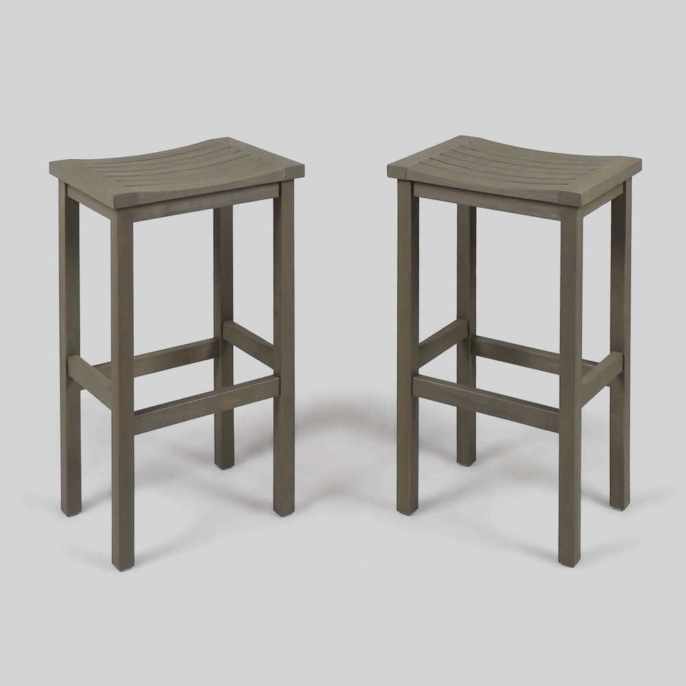 Caribbean 2pk 30" Acacia Wood Patio Barstool - Gray - Christopher Knight Home: Saddle Seat, Weather-Resistant