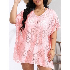 Coolmee Women Summer Plus Size Sexy Crochet Sheer Floral Beach Dress Bathing Suit Swim Coverup Mini Dress - 1 of 4