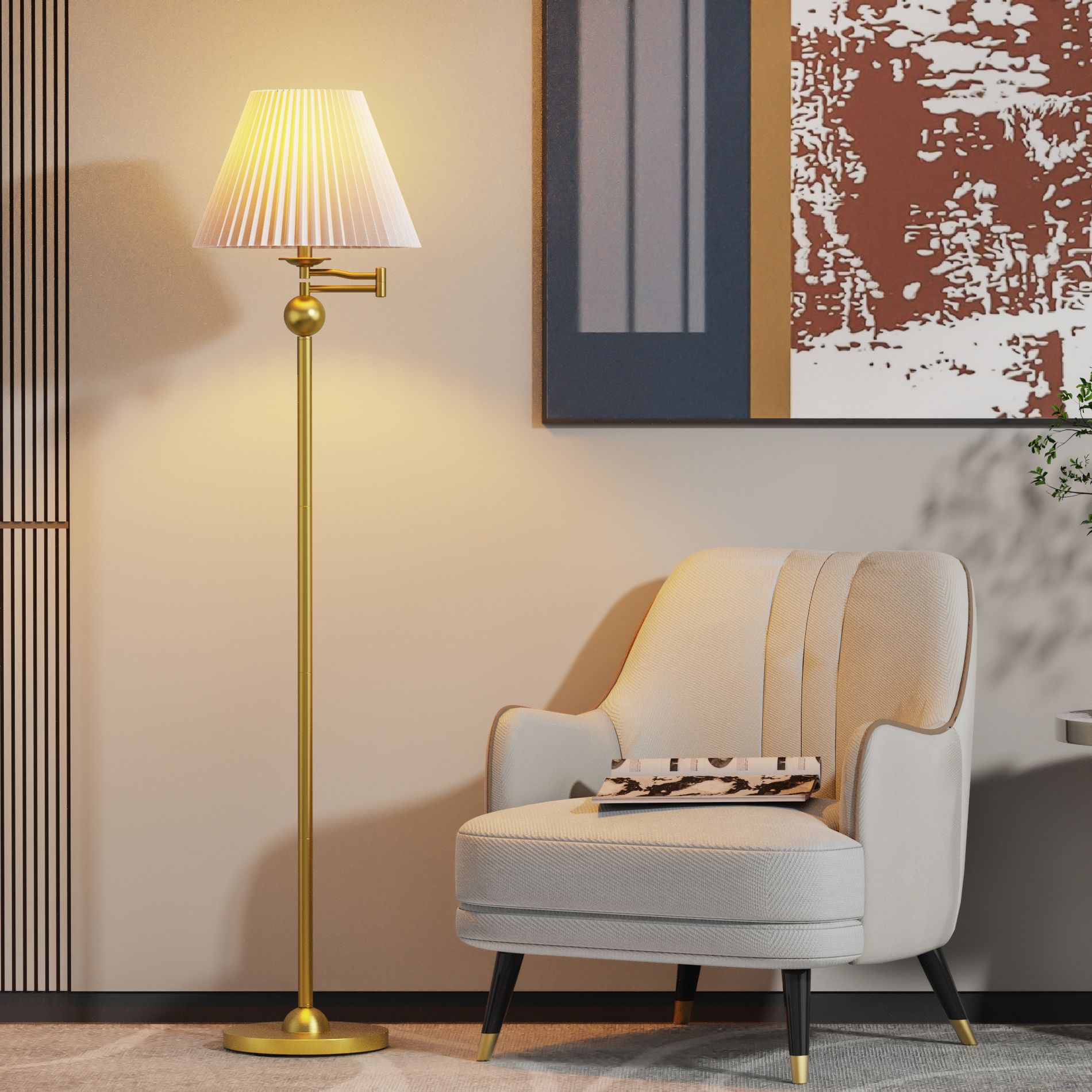 Modern Mid-Century Floor Lamp , Adjustable Swing Arm Floor Lamp with White Pleated Shade for Bedroom, Office, Home, Nursery, Hotel