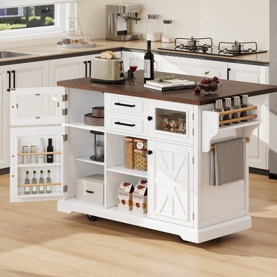 Lycvki 54.9" Kitchen Island on 4 Wheels with Drop Leaf and 4 Door Shelves for Kitchen, Dining Room