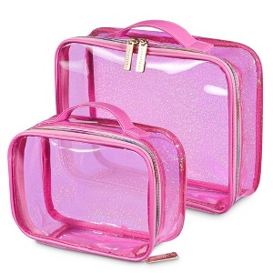 Byootique Set of 2 Clear Makeup Bag Cosmetic Organizer Travel Toiletry Pouch Handle Zipper for Makeup Artist Pink - 1 of 4