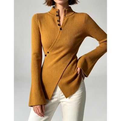 Women Mock Neck Asymmetrical Wrap Knit Sweater Button Detail