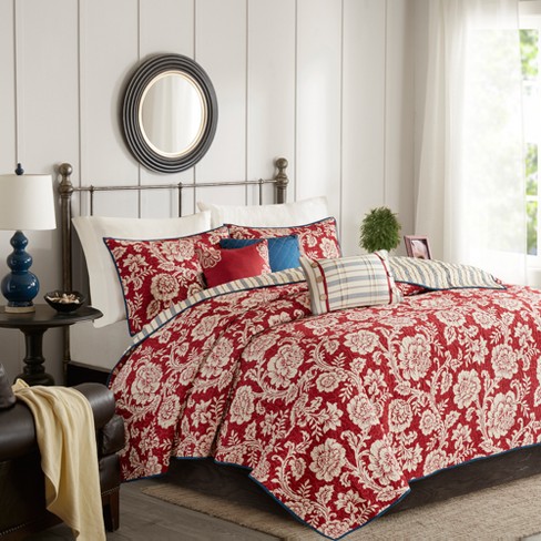 Red Rose Cotton Twill Reversible Coverlet Set King California