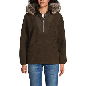 Lands' End Women's Hooded Half Zip Faux Fur High Pile Fleece Pullover - 1 of 4