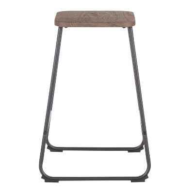 Industrial Black Metal and Espresso Wood Backless Counter Stools, Set of 2