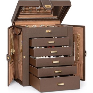 Large Lockable Leather Jewelry Box with Mirror, Huge Organizer Storage Case for Necklaces, Earrings, Rings, Bracelets - 1 of 4