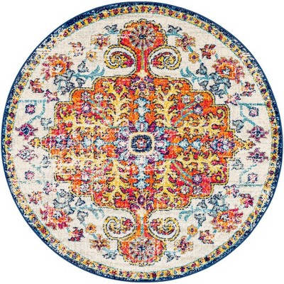 Mark & Day Olivia 5'3" Round Woven Indoor Area Rugs Saffron/Navy: Traditional Medallion, Stain-Resistant, Pet Friendly