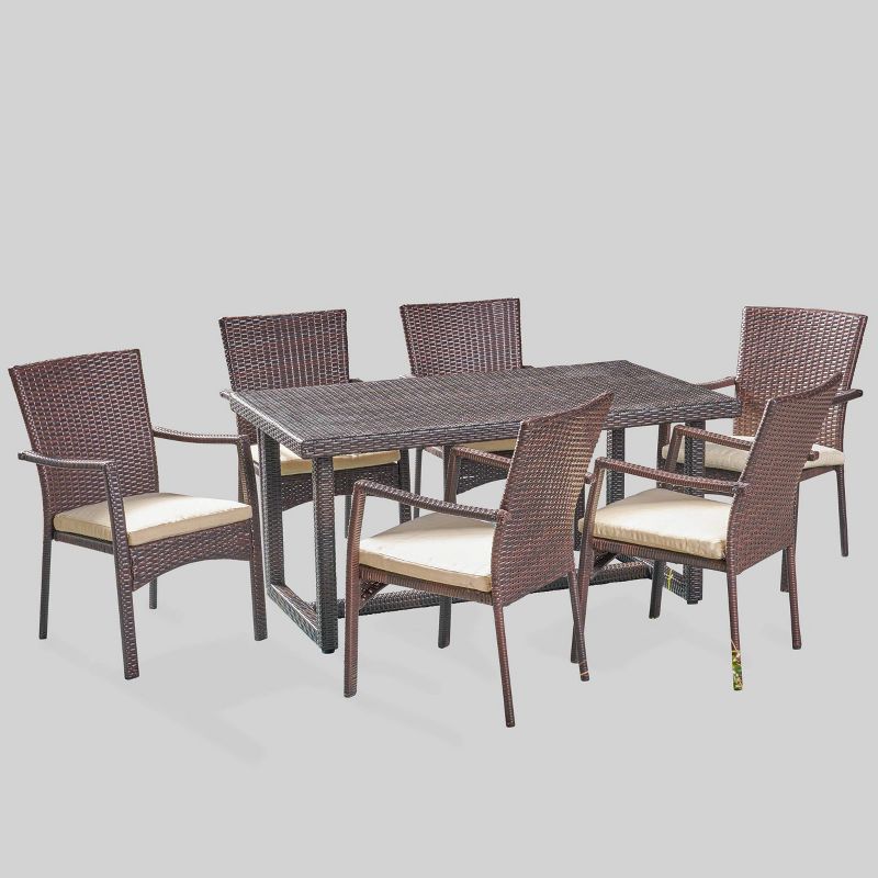 Westley 7pc Wicker Patio Dining Set - Brown - Christopher Knight Home: All-Weather, Water-Resistant Cushions, Iron Frame, 3 of 8