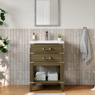 HBEZON Bathroom Vanity with Integral Resin Sink, Freestanding Modern Bathroom Cabinet with Soft Close Door, Rubber Wood, Gray