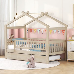 Twin Size Wooden House Bed with Twin Size Trundle, Children House Bed with Spacious Storage and Headboard, Bed with Wood Frame-Baofuwish - 1 of 4