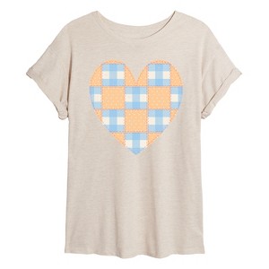 Women's - Instant Message - Patchwork Quilt Heart Oversized Graphic T-Shirt - 1 of 4