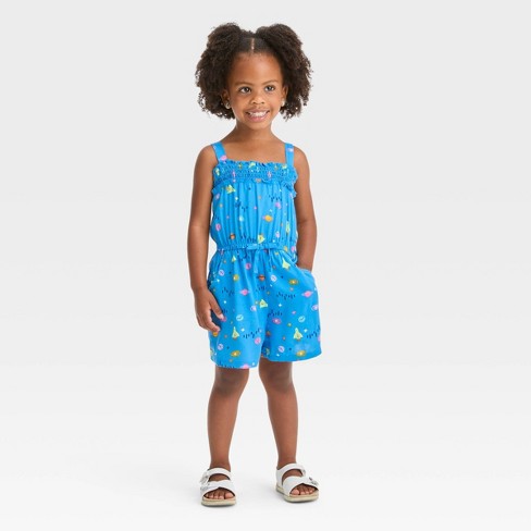 Toddler Girls' Planets Woven Romper - Cat & Jack™ Blue 12M