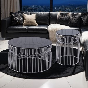 Metal Frame Modern 2-Piece Coffee and End Table Set with Tinted Tempered Glass Top for Living Room - 1 of 4