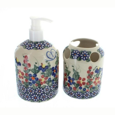 Blue Rose Polish Pottery 374-375 Vena Soap Dispenser & Toothbrush Holder