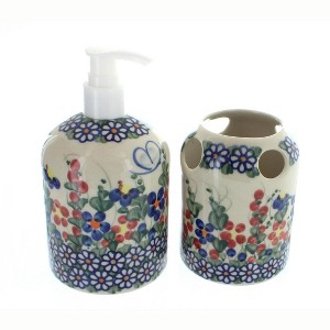 Blue Rose Polish Pottery 374-375 Vena Soap Dispenser & Toothbrush Holder - 1 of 1