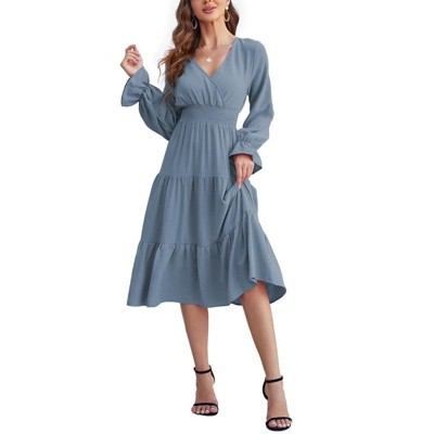 Coolmee Women's Bohemian Dress Casual Long Sleeve V Neck Dress Floral Flowy Maxi Dresses Tiered Cocktail Dress