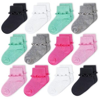 Cozyway Baby Girls Socks, Ruffle Ripple Edge Turn Cuff Ankle Socks Toddlers 9-24 Months - 12 Pack, Multicolored