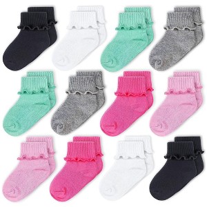 Cozyway Baby Girls Socks, Ruffle Ripple Edge Turn Cuff Ankle Socks Toddlers 9-24 Months - 12 Pack, Multicolored - 1 of 4