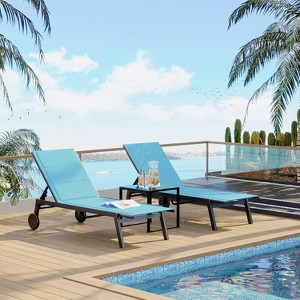 Outdoor Lounge Chairs With Wheels, Adjustable Backrest Poolside Loungers, Patio Chaise Lounge Chairs With Side Table Set of 3 Blue - 1 of 4