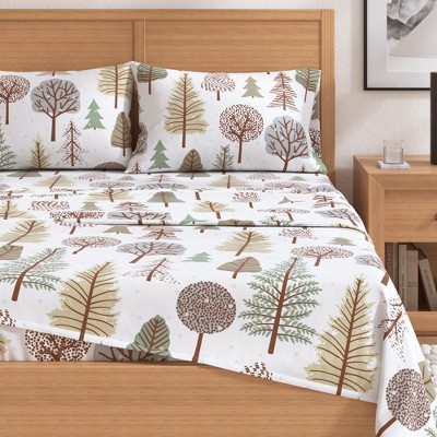 California King Gray Cotton Flannel Sheet Set with Forest Print