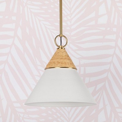 Aged Brass and White Cone Pendant Light with Rattan Accent