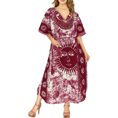 HAPPY BAY Women's Summer Pocket Nightgown Batik Caftan for Womens Sleepwear Long House Loungewear Dashiki Dress Plus Size 1X-2X Red, Sun