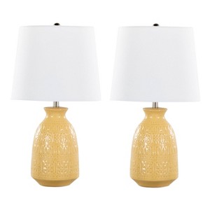 LumiSource (Set of 2) Claudia 20" Contemporary Accent Lamps Misted Yellow Ceramic Polished Nickel and White Linen Shade from Grandview Gallery - 1 of 4